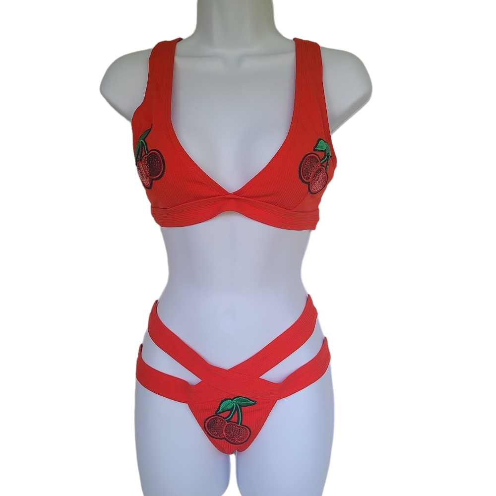 NEW! Unique The Mon Cherie Cherry 🍒 Plunge Bikini Size S